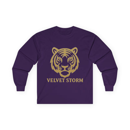 Unisex Long Sleeve Tee with Velvet Storm Tiger Design, Casual Wear, Gift for Animal Lovers, Fall Fashion, Trendy Tees