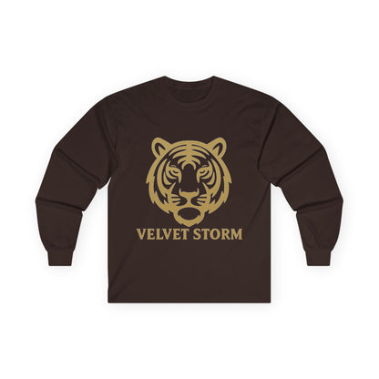 Unisex Long Sleeve Tee with Velvet Storm Tiger Design, Casual Wear, Gift for Animal Lovers, Fall Fashion, Trendy Tees