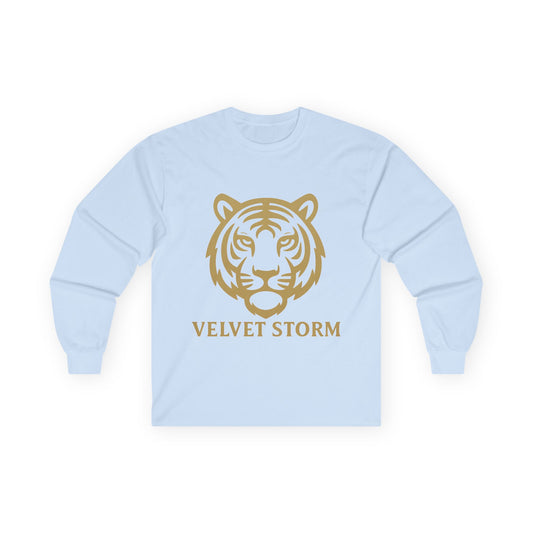 Unisex Long Sleeve Tee with Velvet Storm Tiger Design, Casual Wear, Gift for Animal Lovers, Fall Fashion, Trendy Tees