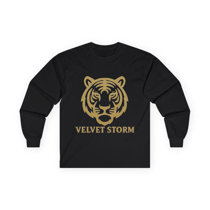 Unisex Long Sleeve Tee with Velvet Storm Tiger Design, Casual Wear, Gift for Animal Lovers, Fall Fashion, Trendy Tees