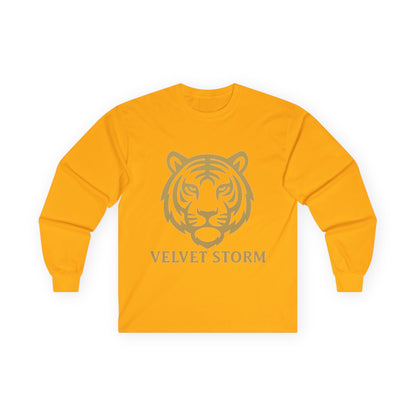 Unisex Long Sleeve Tee with Velvet Storm Tiger Design, Casual Wear, Gift for Animal Lovers, Fall Fashion, Trendy Tees