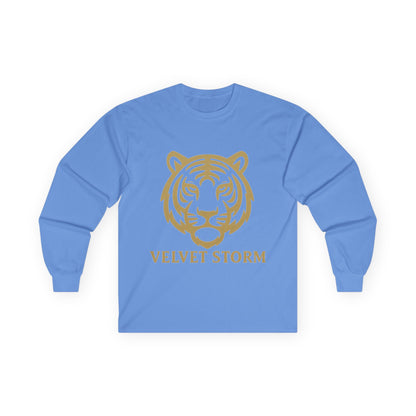 Unisex Long Sleeve Tee with Velvet Storm Tiger Design, Casual Wear, Gift for Animal Lovers, Fall Fashion, Trendy Tees
