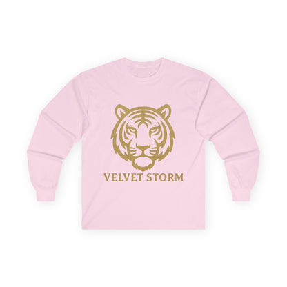 Unisex Long Sleeve Tee with Velvet Storm Tiger Design, Casual Wear, Gift for Animal Lovers, Fall Fashion, Trendy Tees