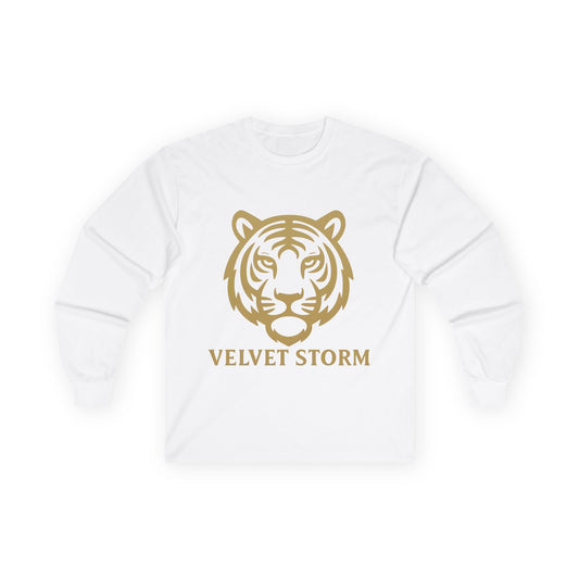 Unisex Long Sleeve Tee with Velvet Storm Tiger Design, Casual Wear, Gift for Animal Lovers, Fall Fashion, Trendy Tees