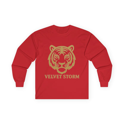 Unisex Long Sleeve Tee with Velvet Storm Tiger Design, Casual Wear, Gift for Animal Lovers, Fall Fashion, Trendy Tees