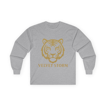 Unisex Long Sleeve Tee with Velvet Storm Tiger Design, Casual Wear, Gift for Animal Lovers, Fall Fashion, Trendy Tees