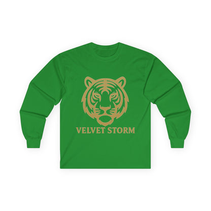 Unisex Long Sleeve Tee with Velvet Storm Tiger Design, Casual Wear, Gift for Animal Lovers, Fall Fashion, Trendy Tees